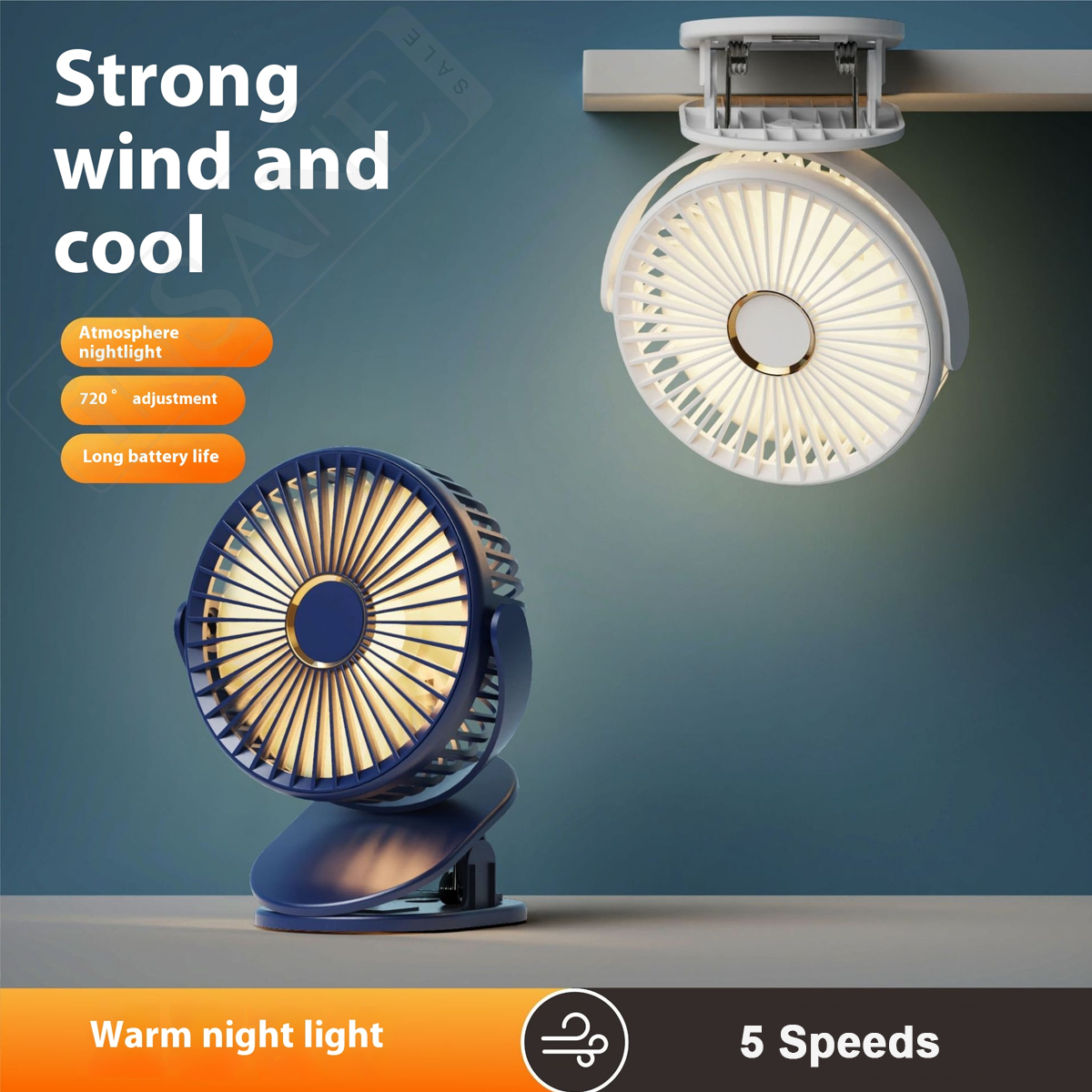 Wireless 5-Speed Clip Fan 125mm Brushless Ventilation Fan USB 5V Built-in 1200mAh Battery with Light (White/Blue)