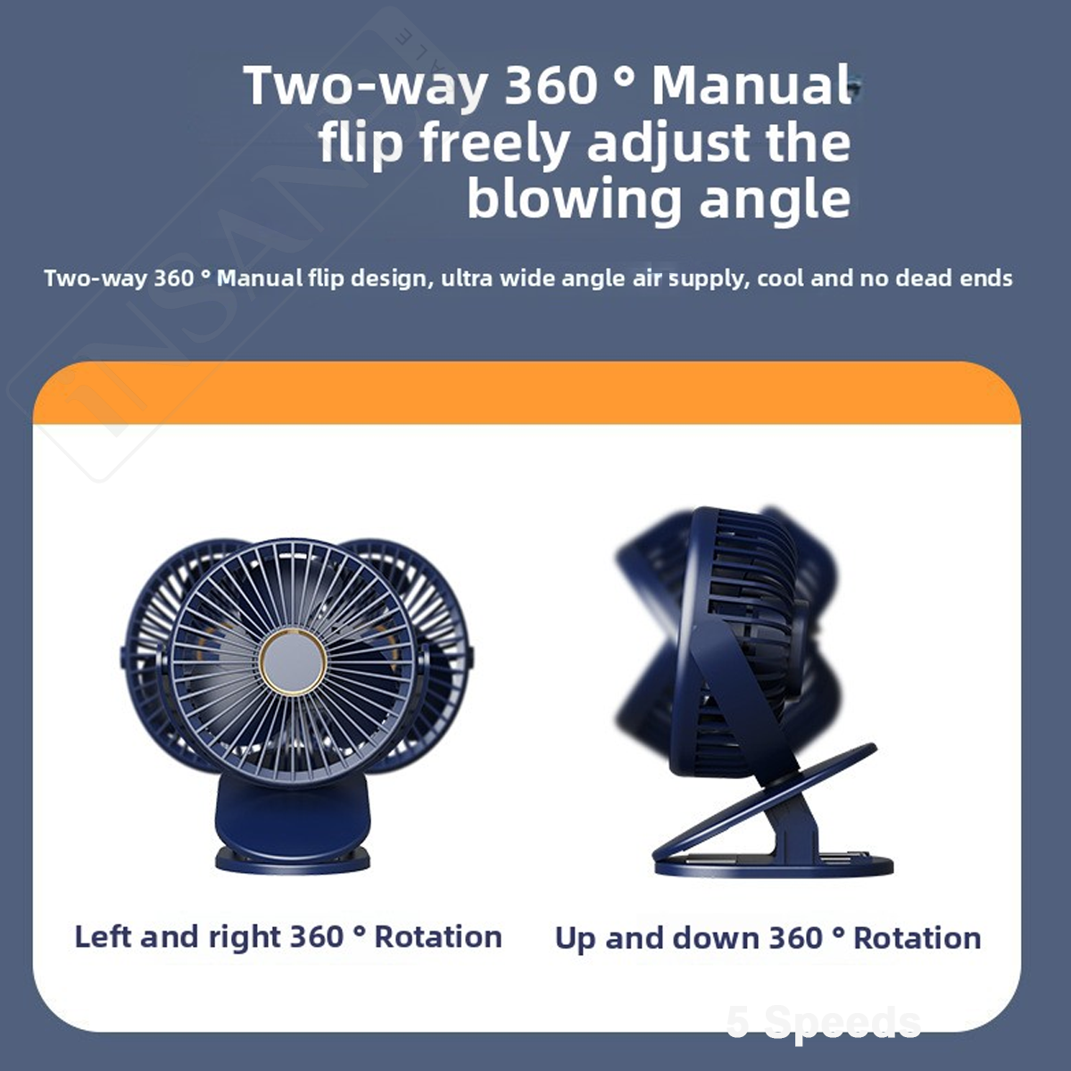 Wireless 5-Speed Clip Fan 125mm Brushless Ventilation Fan USB 5V Built-in 1200mAh Battery with Light (White/Blue)